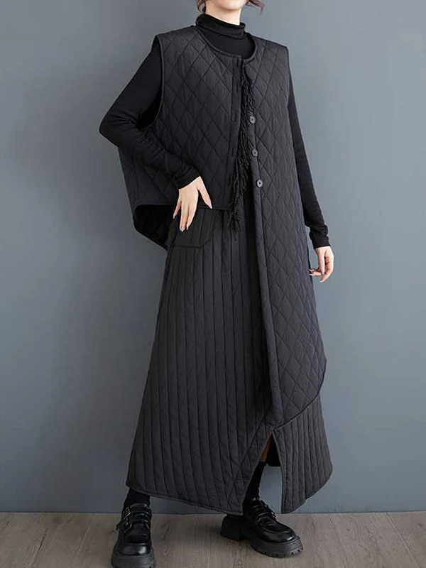 High Waisted Loose Asymmetric Elasticity Pockets Quilted Solid Color Skirts Bottoms - Image 5