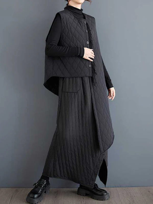 High Waisted Loose Asymmetric Elasticity Pockets Quilted Solid Color Skirts Bottoms - Image 6
