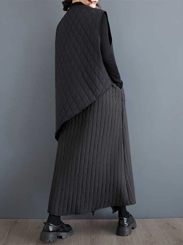 High Waisted Loose Asymmetric Elasticity Pockets Quilted Solid Color Skirts Bottoms - Image 7