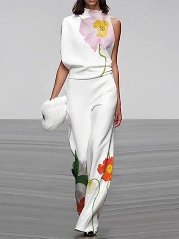 High Waisted Loose Asymmetric Floral Printed Split-Joint Pants Trousers - Image 2