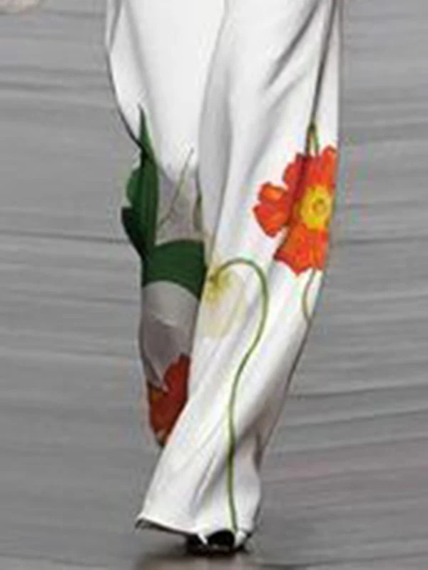 High Waisted Loose Asymmetric Floral Printed Split-Joint Pants Trousers - Image 3