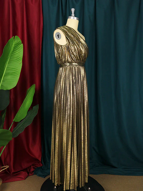 High Waisted Loose Asymmetric Pleated Shiny Solid Color One-shoulder Maxi Dresses - Image 10