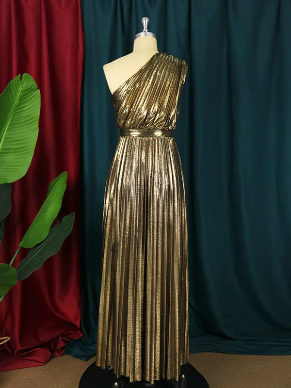 High Waisted Loose Asymmetric Pleated Shiny Solid Color One-shoulder Maxi Dresses - Image 11