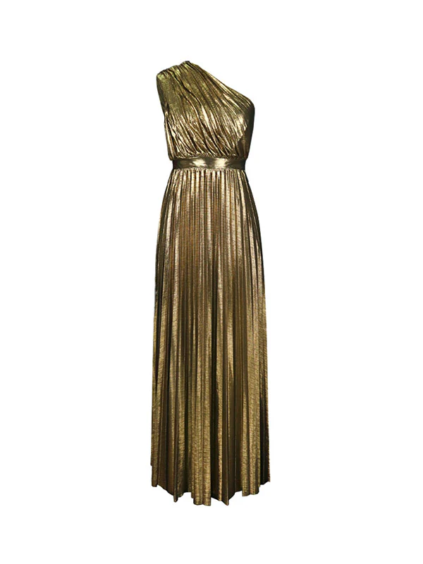 High Waisted Loose Asymmetric Pleated Shiny Solid Color One-shoulder Maxi Dresses - Image 5