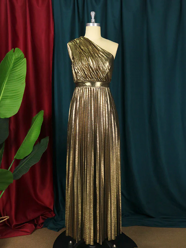 High Waisted Loose Asymmetric Pleated Shiny Solid Color One-shoulder Maxi Dresses - Image 8