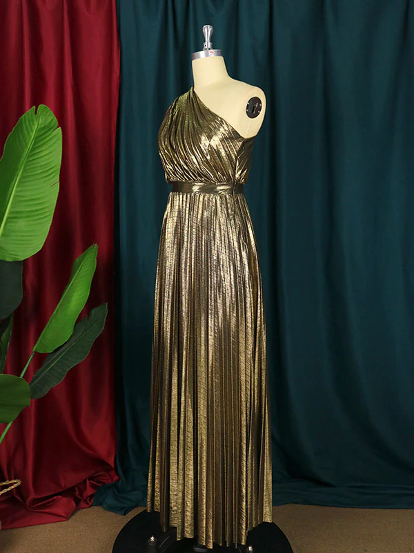 High Waisted Loose Asymmetric Pleated Shiny Solid Color One-shoulder Maxi Dresses - Image 9