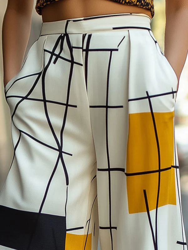 High Waisted Loose Asymmetric Printed Split-Joint Pants Trousers - Image 2