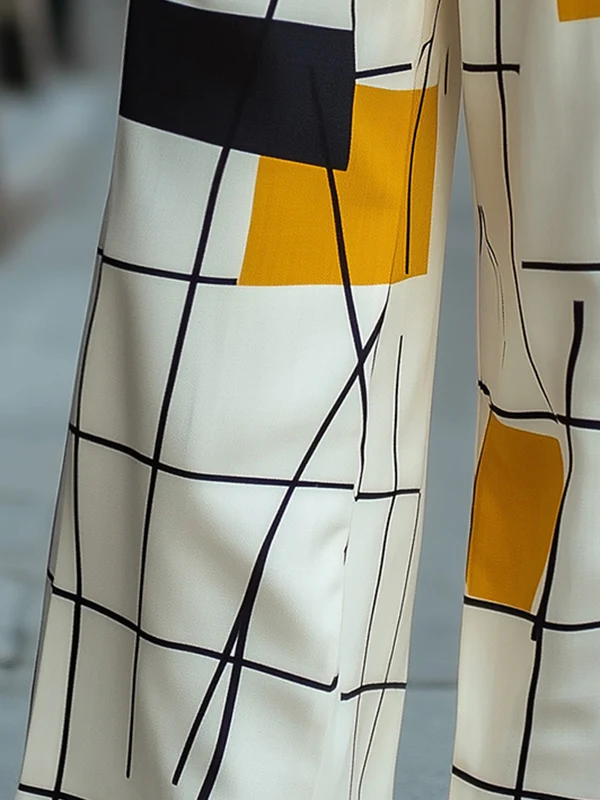 High Waisted Loose Asymmetric Printed Split-Joint Pants Trousers - Image 3