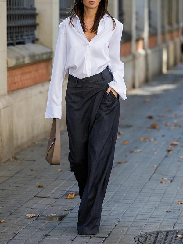 High Waisted Loose Asymmetric Solid Color Split-Joint Suit Pants Trousers - Image 2