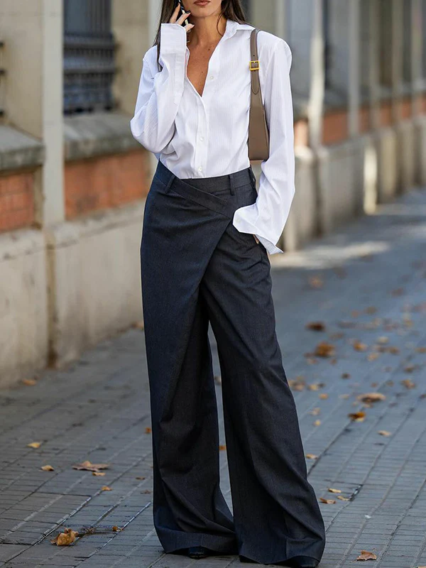 High Waisted Loose Asymmetric Solid Color Split-Joint Suit Pants Trousers - Image 3