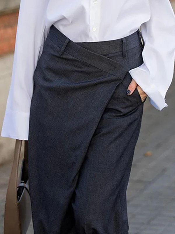 High Waisted Loose Asymmetric Solid Color Split-Joint Suit Pants Trousers - Image 4