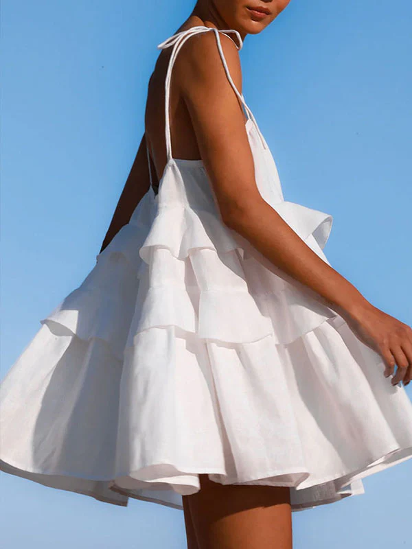High Waisted Loose Backless Layered Pleated Solid Color Tied Spaghetti-Neck Mini Dresses - Image 11