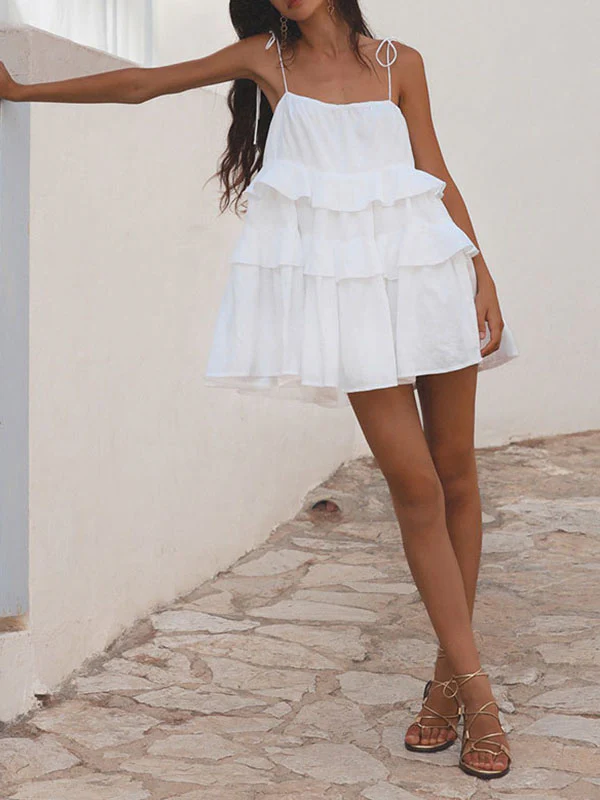 High Waisted Loose Backless Layered Pleated Solid Color Tied Spaghetti-Neck Mini Dresses - Image 15