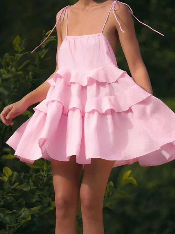 High Waisted Loose Backless Layered Pleated Solid Color Tied Spaghetti-Neck Mini Dresses - Image 16