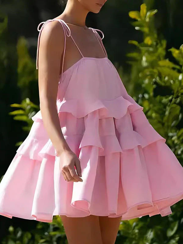 High Waisted Loose Backless Layered Pleated Solid Color Tied Spaghetti-Neck Mini Dresses - Image 17