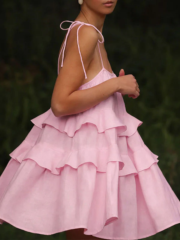 High Waisted Loose Backless Layered Pleated Solid Color Tied Spaghetti-Neck Mini Dresses - Image 18
