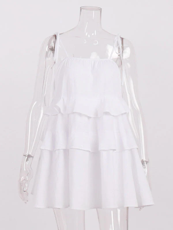 High Waisted Loose Backless Layered Pleated Solid Color Tied Spaghetti-Neck Mini Dresses - Image 19