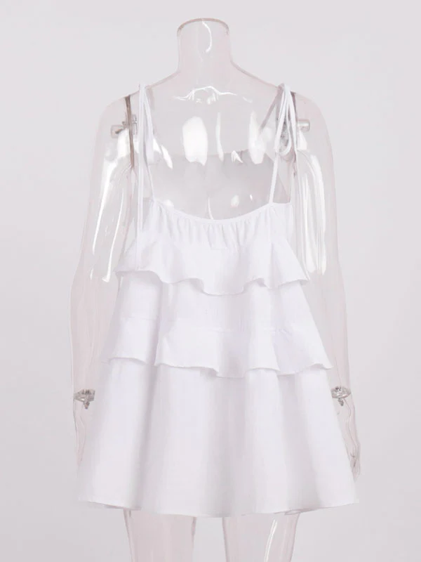 High Waisted Loose Backless Layered Pleated Solid Color Tied Spaghetti-Neck Mini Dresses - Image 20