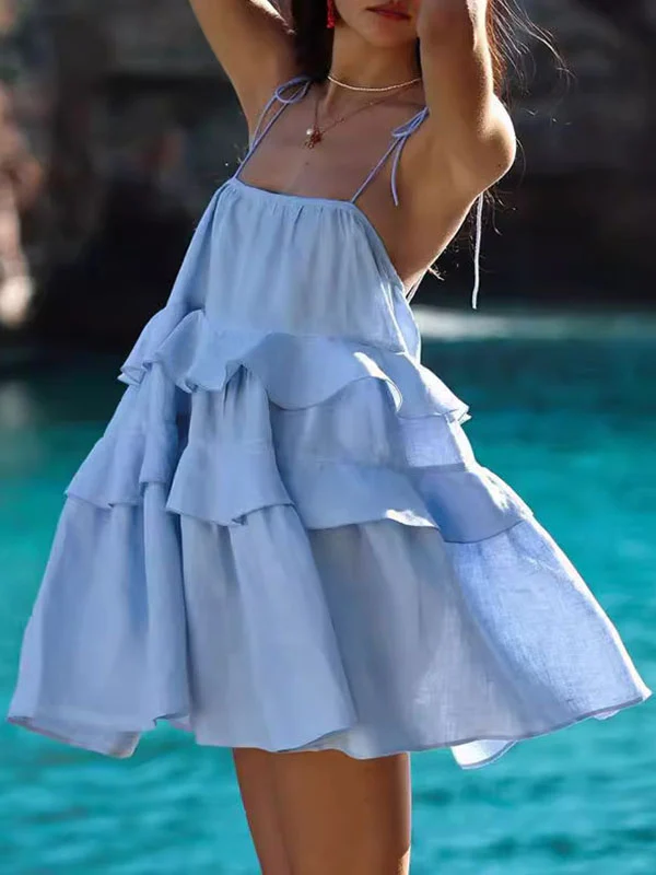 High Waisted Loose Backless Layered Pleated Solid Color Tied Spaghetti-Neck Mini Dresses - Image 3