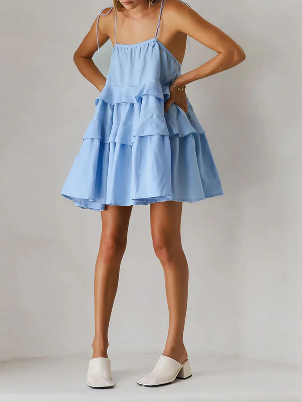 High Waisted Loose Backless Layered Pleated Solid Color Tied Spaghetti-Neck Mini Dresses - Image 5