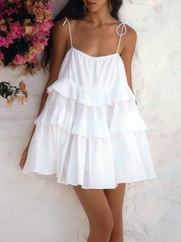 High Waisted Loose Backless Layered Pleated Solid Color Tied Spaghetti-Neck Mini Dresses - Image 9