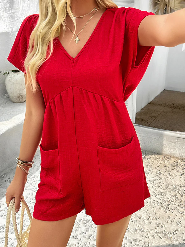 High Waisted Loose Backless Pockets Solid Color V-Neck Rompers - Image 11