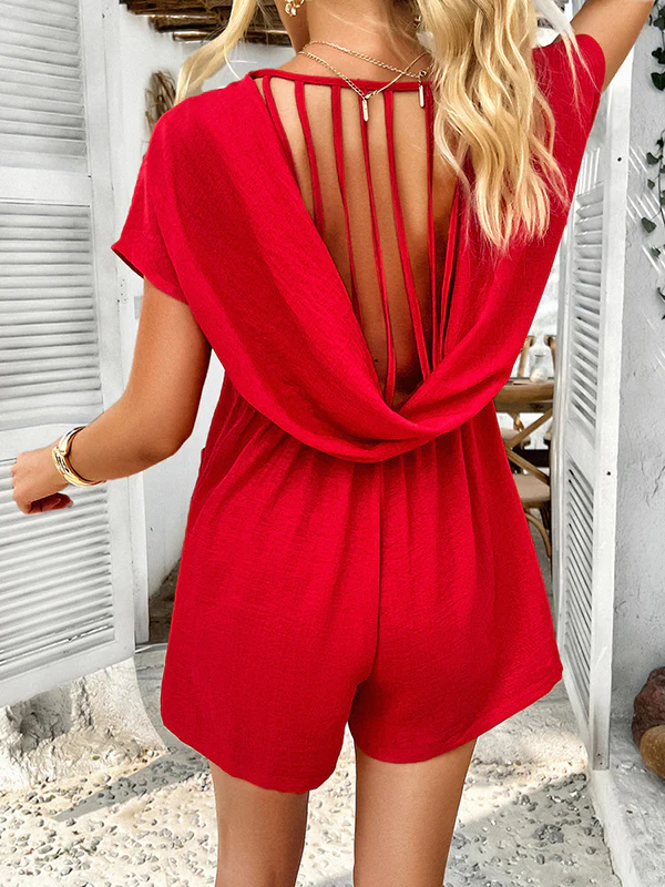 High Waisted Loose Backless Pockets Solid Color V-Neck Rompers - Image 12