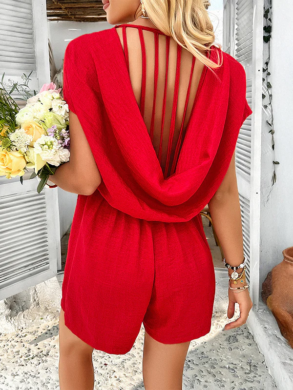 High Waisted Loose Backless Pockets Solid Color V-Neck Rompers - Image 13