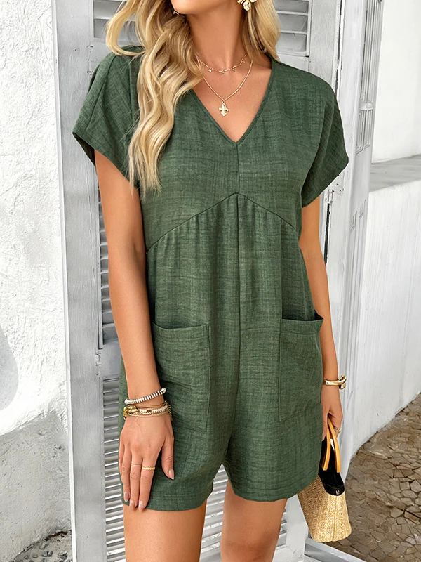 High Waisted Loose Backless Pockets Solid Color V-Neck Rompers - Image 15
