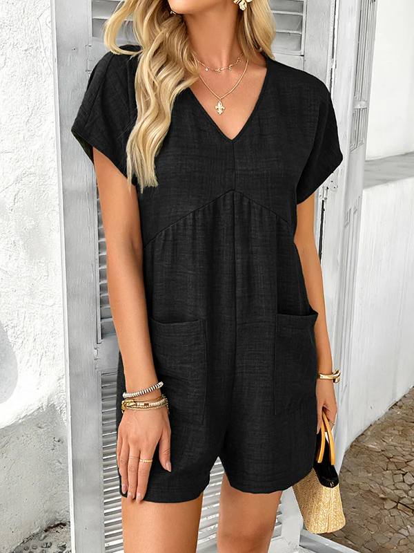 High Waisted Loose Backless Pockets Solid Color V-Neck Rompers - Image 17