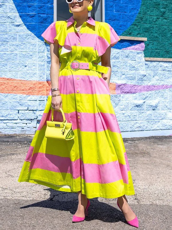 High Waisted Loose Belted Buttoned Contrast Color Pleated Pockets Lapel Maxi Dresses Shirt Dress - Image 3