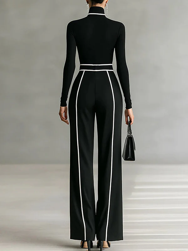 High Waisted Loose Belted Contrast Color Pockets Pants Trousers - Image 3