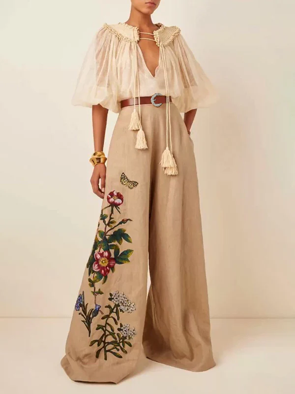 High Waisted Loose Belted Flower Print Pockets Pants Trousers - Image 2