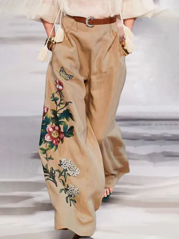 High Waisted Loose Belted Flower Print Pockets Pants Trousers - Image 3