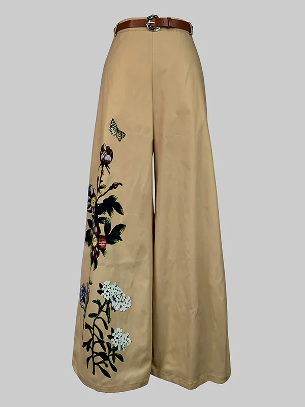 High Waisted Loose Belted Flower Print Pockets Pants Trousers - Image 4