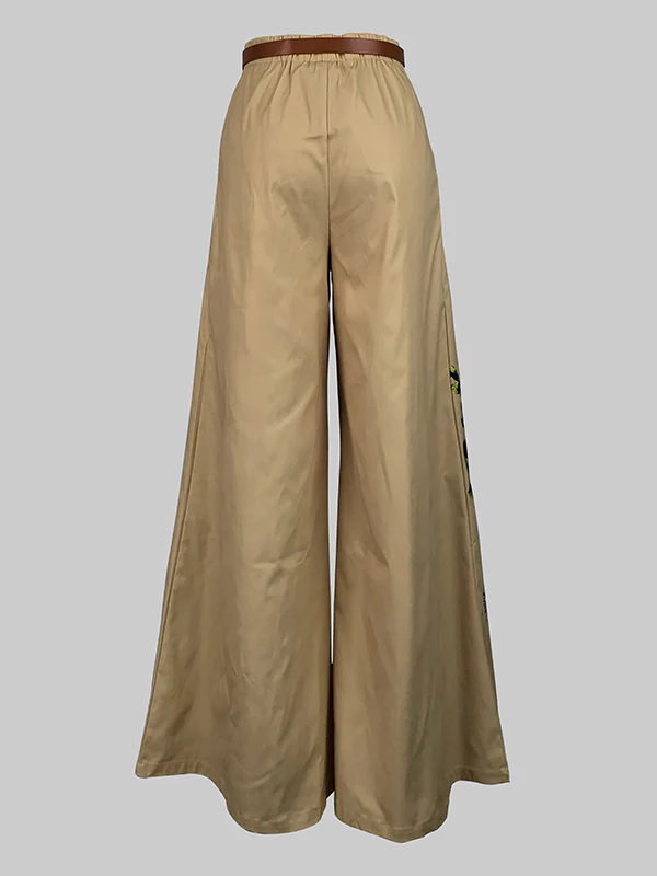 High Waisted Loose Belted Flower Print Pockets Pants Trousers - Image 5