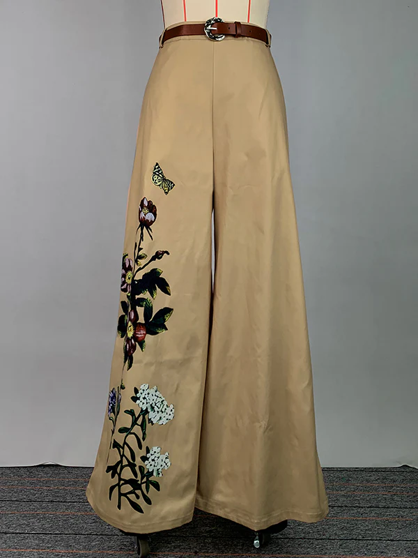 High Waisted Loose Belted Flower Print Pockets Pants Trousers - Image 6