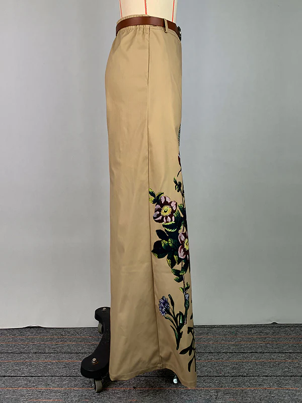 High Waisted Loose Belted Flower Print Pockets Pants Trousers - Image 7