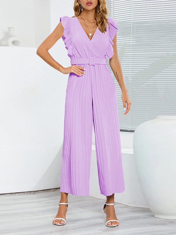 High Waisted Loose Belted Pleated Ruffled Solid Color V-Neck Jumpsuits - Image 11