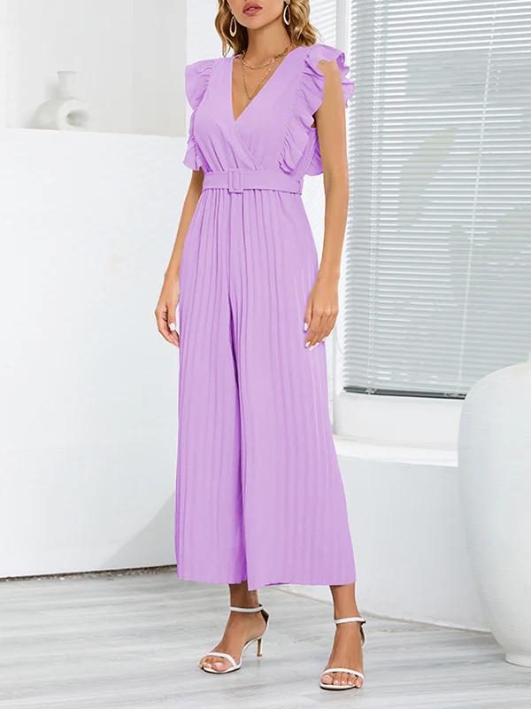High Waisted Loose Belted Pleated Ruffled Solid Color V-Neck Jumpsuits - Image 12