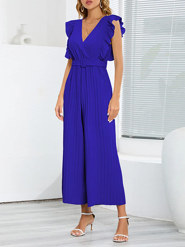 High Waisted Loose Belted Pleated Ruffled Solid Color V-Neck Jumpsuits - Image 14