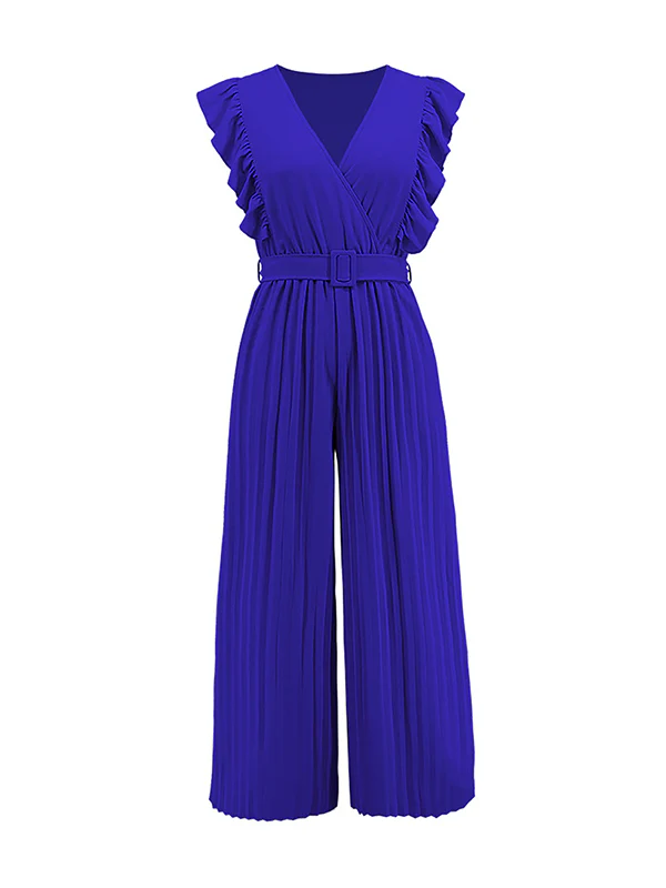 High Waisted Loose Belted Pleated Ruffled Solid Color V-Neck Jumpsuits - Image 15
