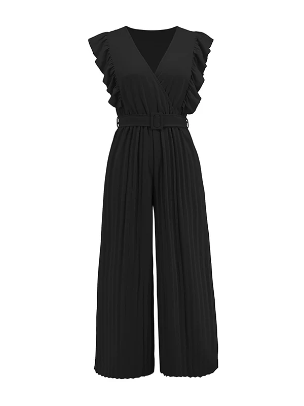 High Waisted Loose Belted Pleated Ruffled Solid Color V-Neck Jumpsuits - Image 16