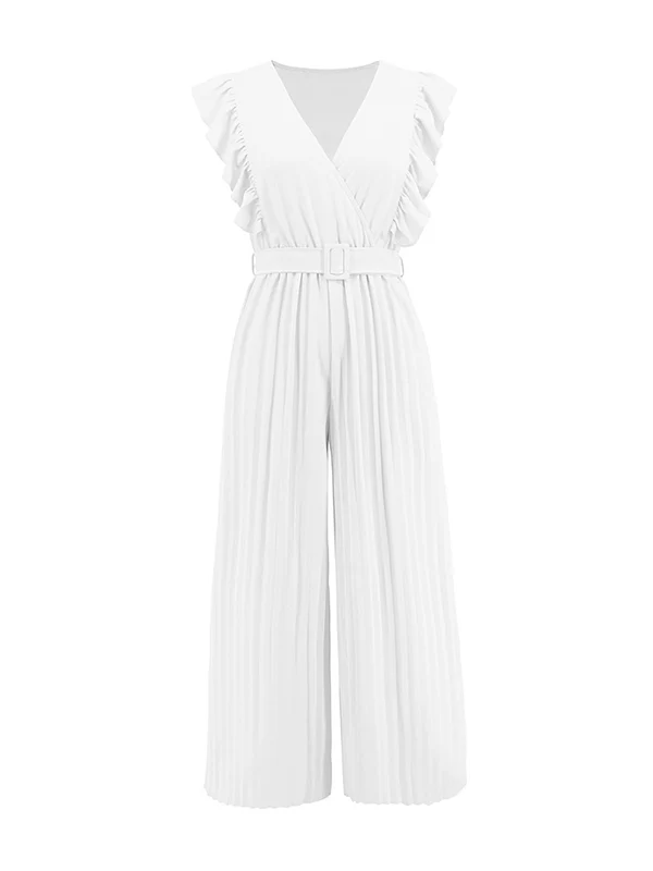 High Waisted Loose Belted Pleated Ruffled Solid Color V-Neck Jumpsuits - Image 17