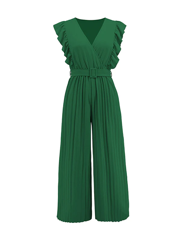High Waisted Loose Belted Pleated Ruffled Solid Color V-Neck Jumpsuits - Image 18