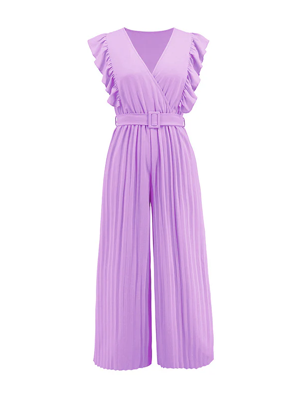 High Waisted Loose Belted Pleated Ruffled Solid Color V-Neck Jumpsuits - Image 19