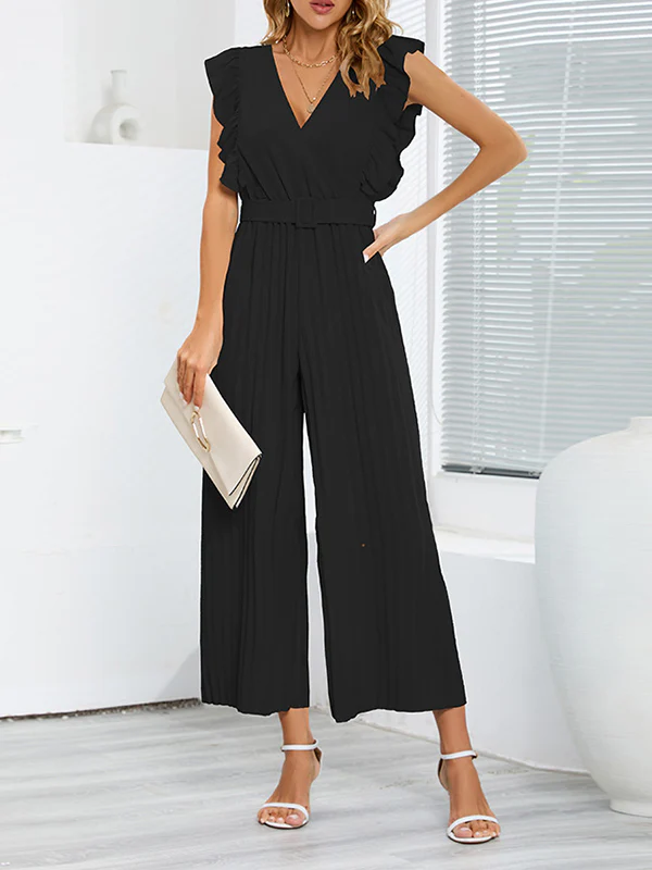 High Waisted Loose Belted Pleated Ruffled Solid Color V-Neck Jumpsuits - Image 2