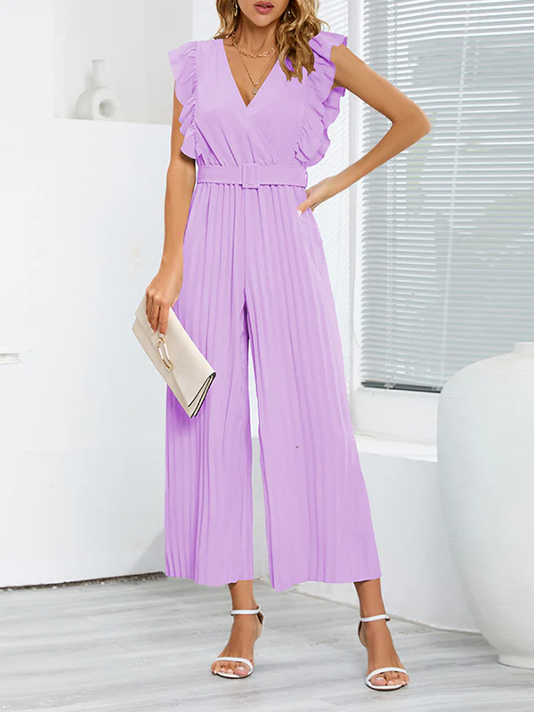 High Waisted Loose Belted Pleated Ruffled Solid Color V-Neck Jumpsuits - Image 3