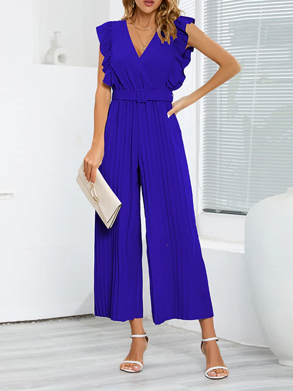High Waisted Loose Belted Pleated Ruffled Solid Color V-Neck Jumpsuits - Image 4