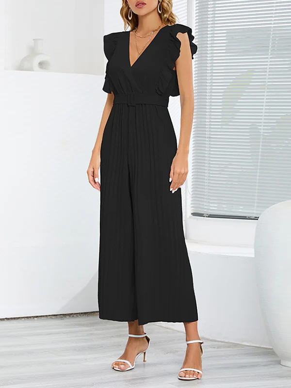High Waisted Loose Belted Pleated Ruffled Solid Color V-Neck Jumpsuits - Image 8